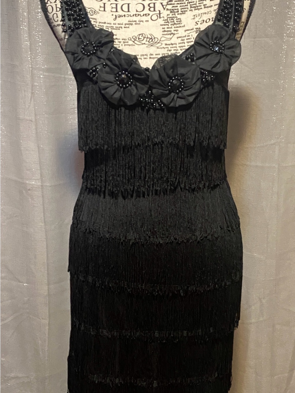 Dreamgirl Black Fringe Midi Dress with Floral Beaded Straps